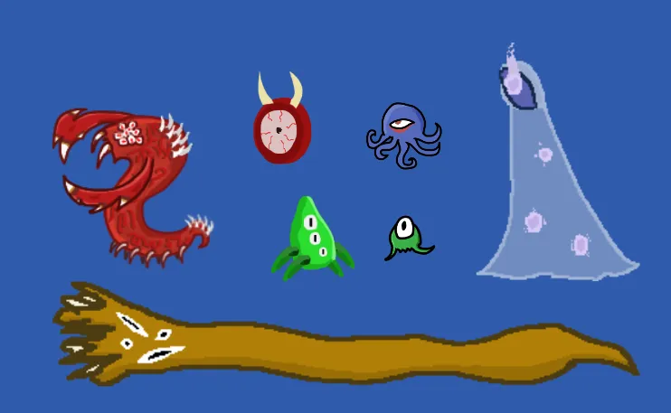 The different monsters currently implemented in the game